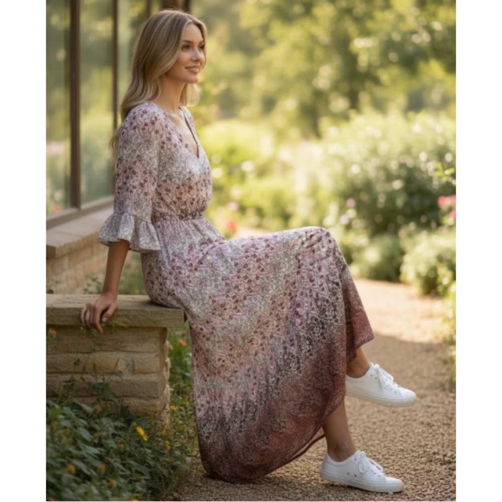 Love Reign Floral Boho 1/2 Bell Sleeve Maxi Dress Size X SMALL - Picture 1 of 12